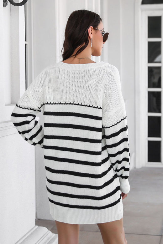 Striped V-Neck Drop Shulder Sweater Dress - alternate view 2