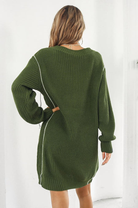 Contrast V-Neck Sweater Dress - alternate view 2