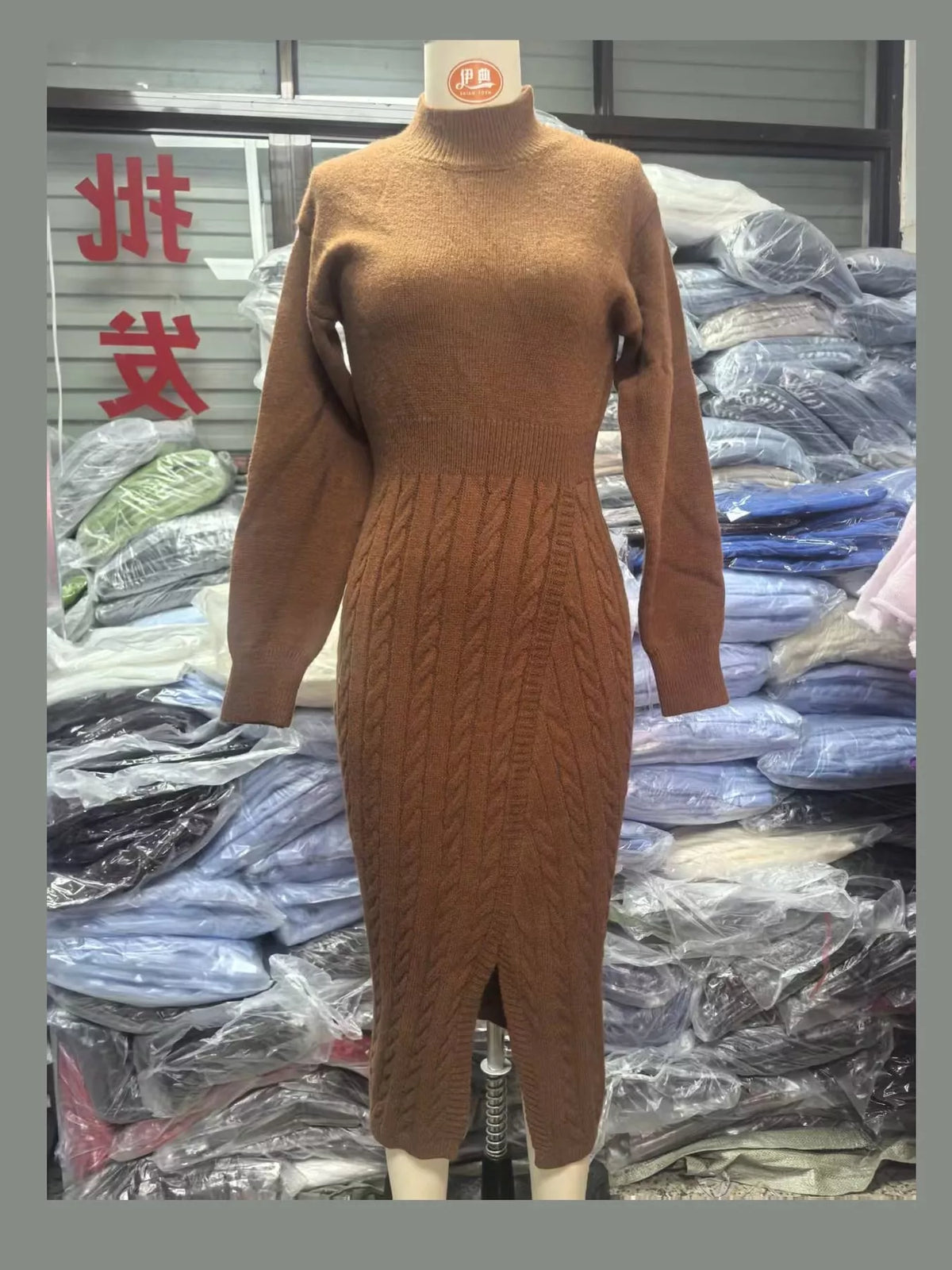 Full Size Mock Neck Cable Knit Sweater Dress with Front Slit Plus Size - alternate view 7