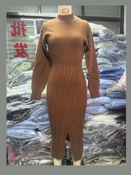Full Size Mock Neck Cable Knit Sweater Dress with Front Slit Plus Size - alternate view 7