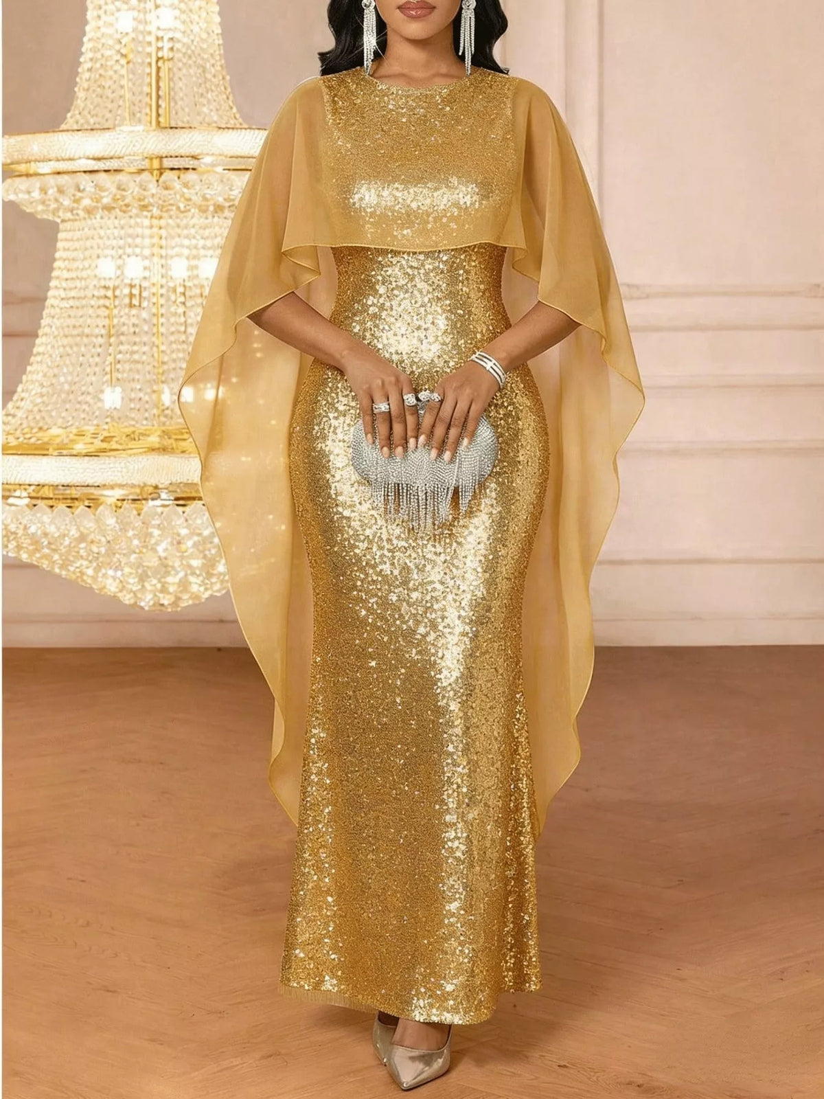 Sequin Cape Overlay Evening Dress - alternate view 19