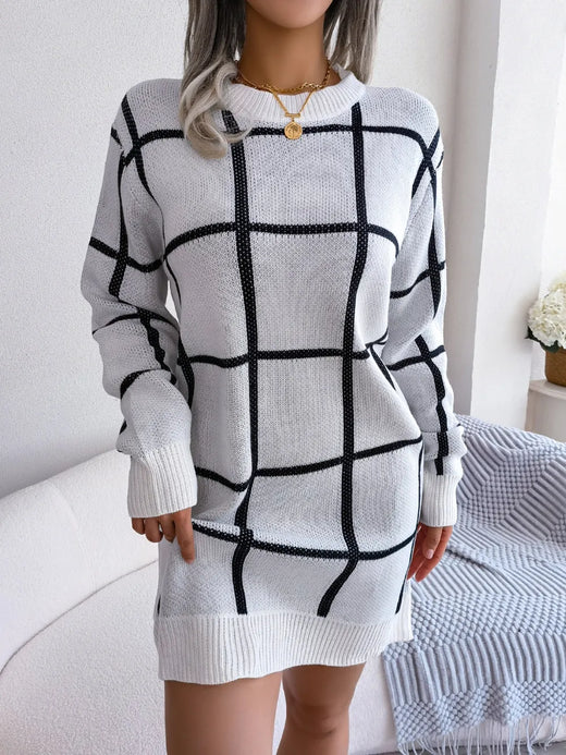 Plaid Round Neck Dropped Shoulder Sweater Dress - alternate view 5