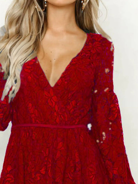 Lace V-Neck Long Sleeve Mini Dress - alternate view 6