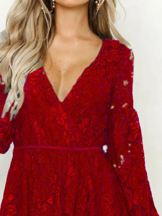 Lace V-Neck Long Sleeve Mini Dress - alternate view 6