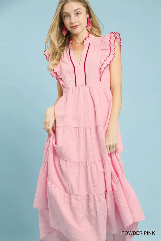 Seersucker Ruffle Sleeve Tiered Midi Dress