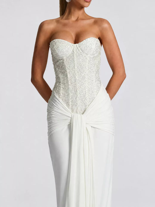 Elegant Strapless Sequin Corset Maxi Dress with Draped Waist Detail - alternate view 4