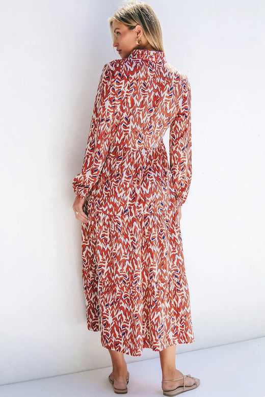 Printed Notched Long Sleeve Dress - alternate view 4