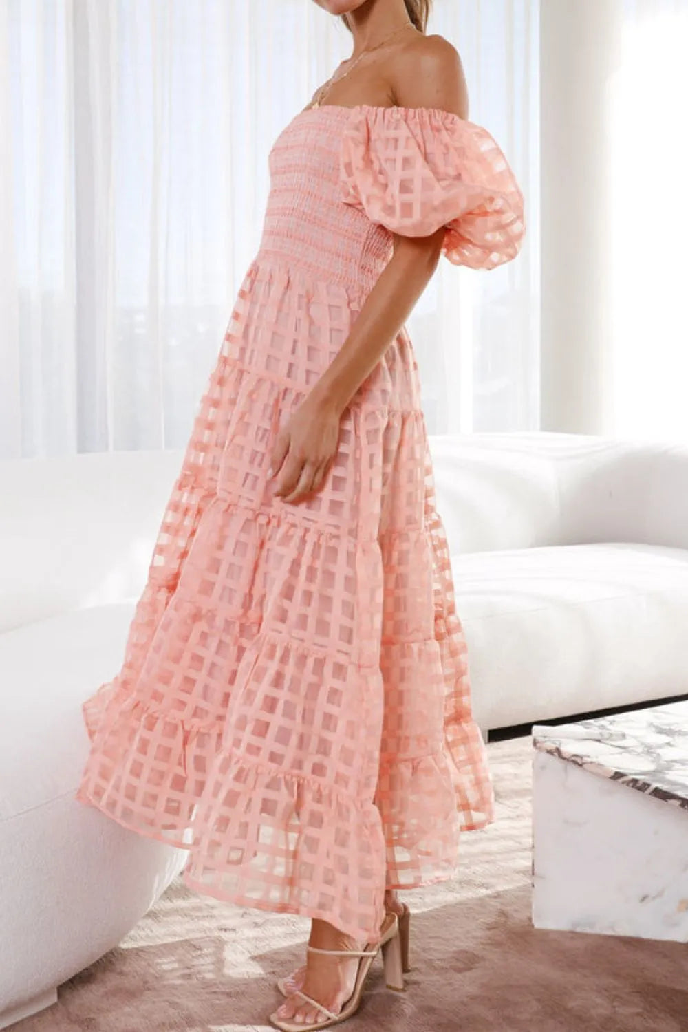 Off Shoulder Short Puff Sleeve Midi Dress - alternate view 5