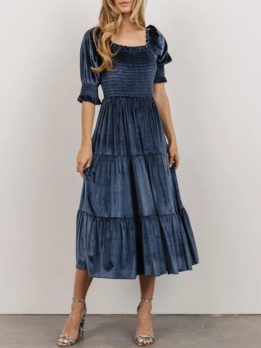 Smocked Half Sleeve Tiered Midi Dress - alternate view 2