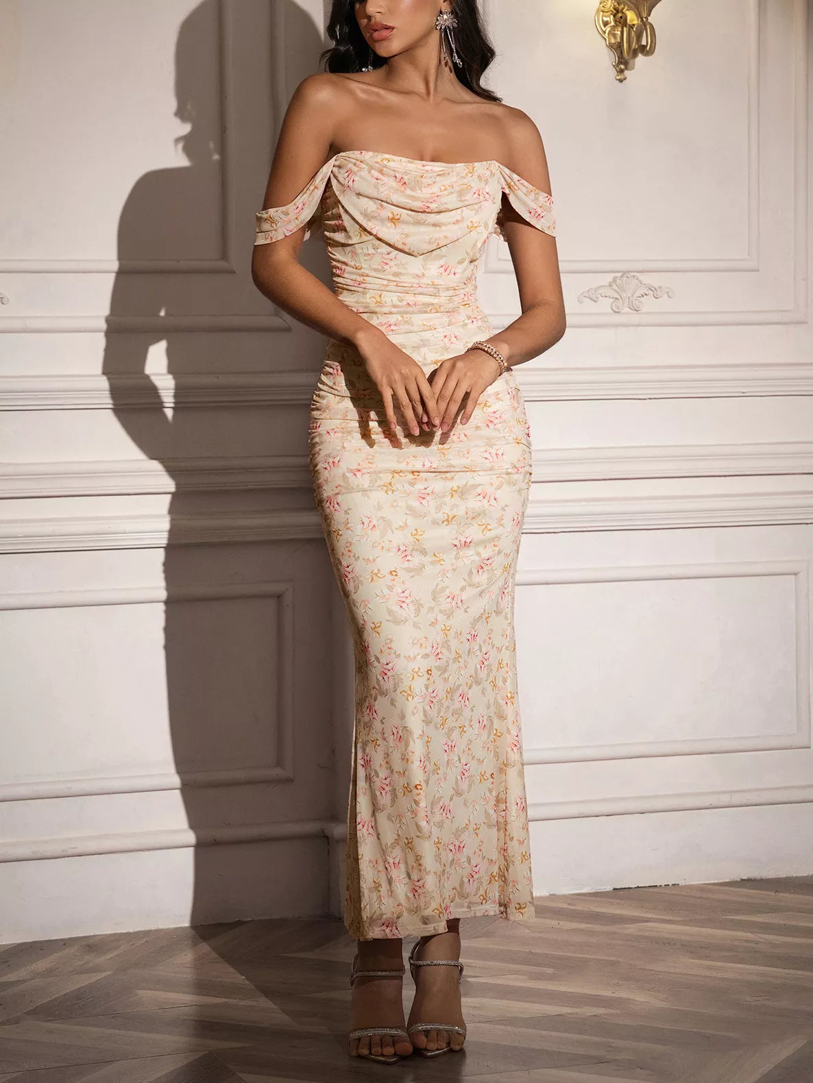 Off-Shoulder Ruched Floral Mermaid Dress - alternate view 6