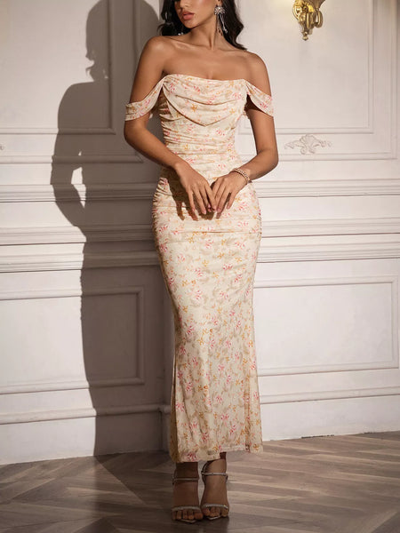 Off-Shoulder Ruched Floral Mermaid Dress - alternate view 6