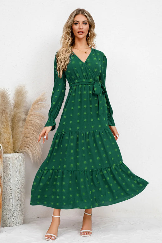 Swiss Dot Tied Surplice Flounce Sleeve Dress - alternate view 3