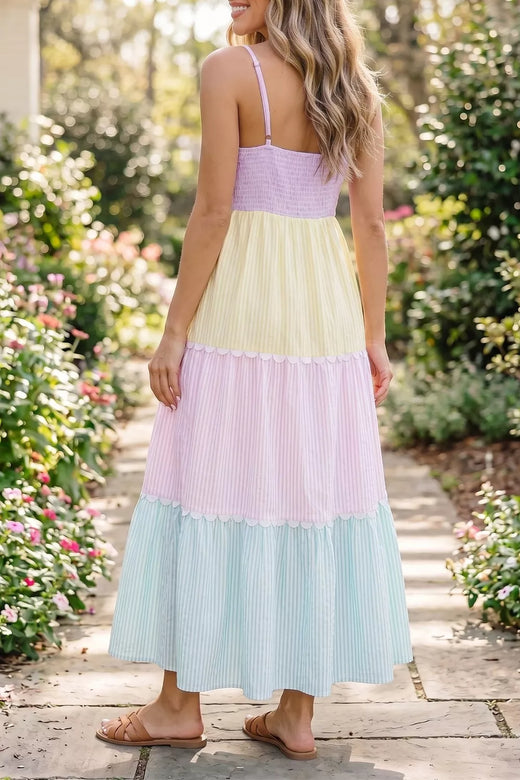 Striped Colorblock Adjustable Strap Scalloped Detail Long Dress - alternate view 2
