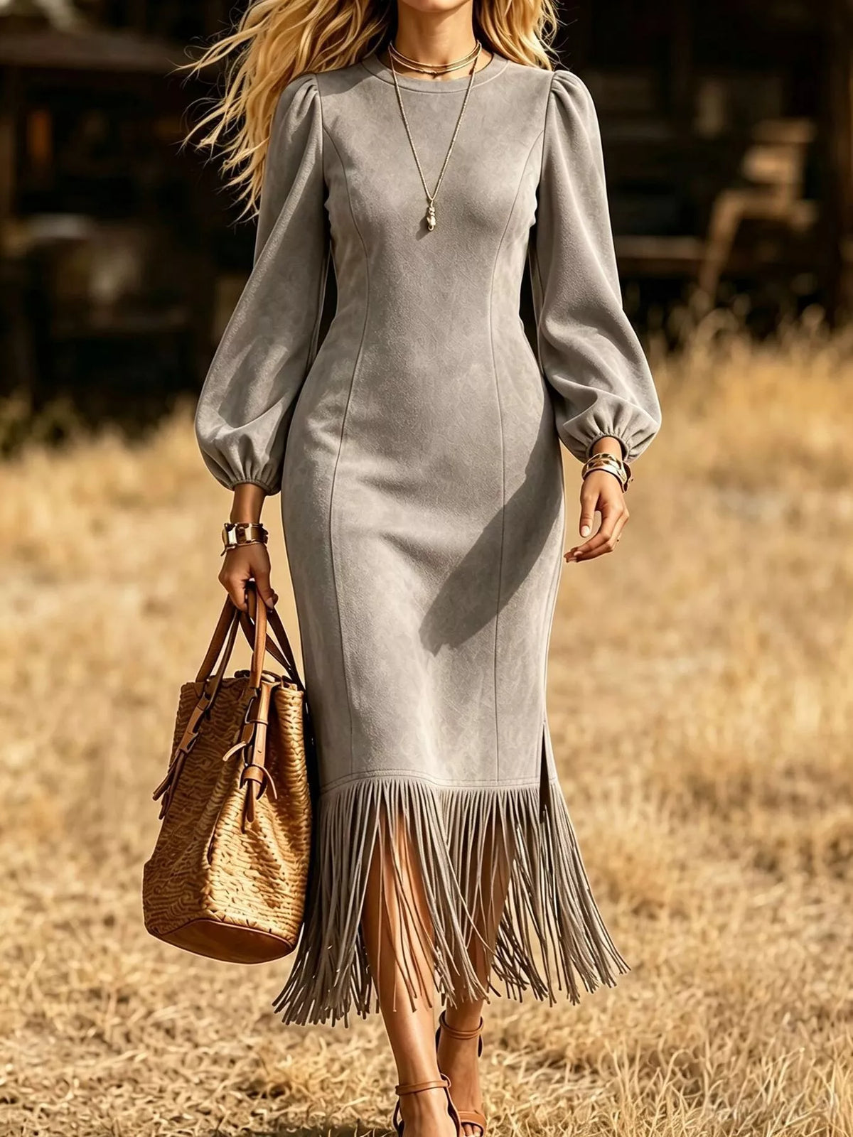 Fringe Hem Balloon Sleeve Midi Dress - alternate view 6