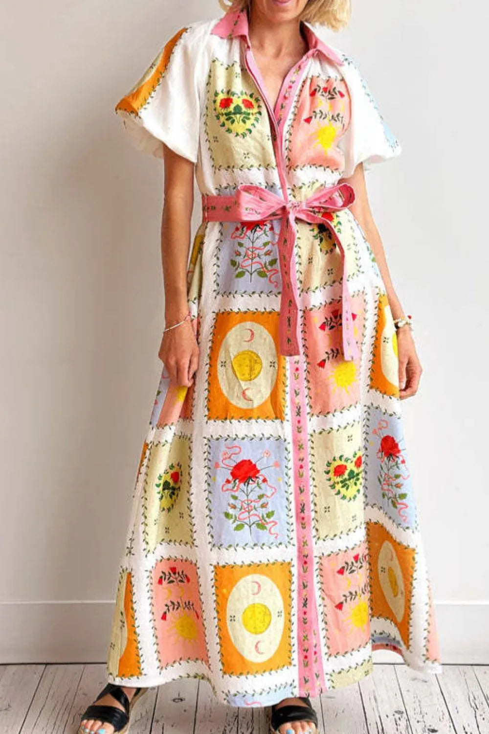 Printed Short Sleeve Belted Maxi Dress - alternate view 6