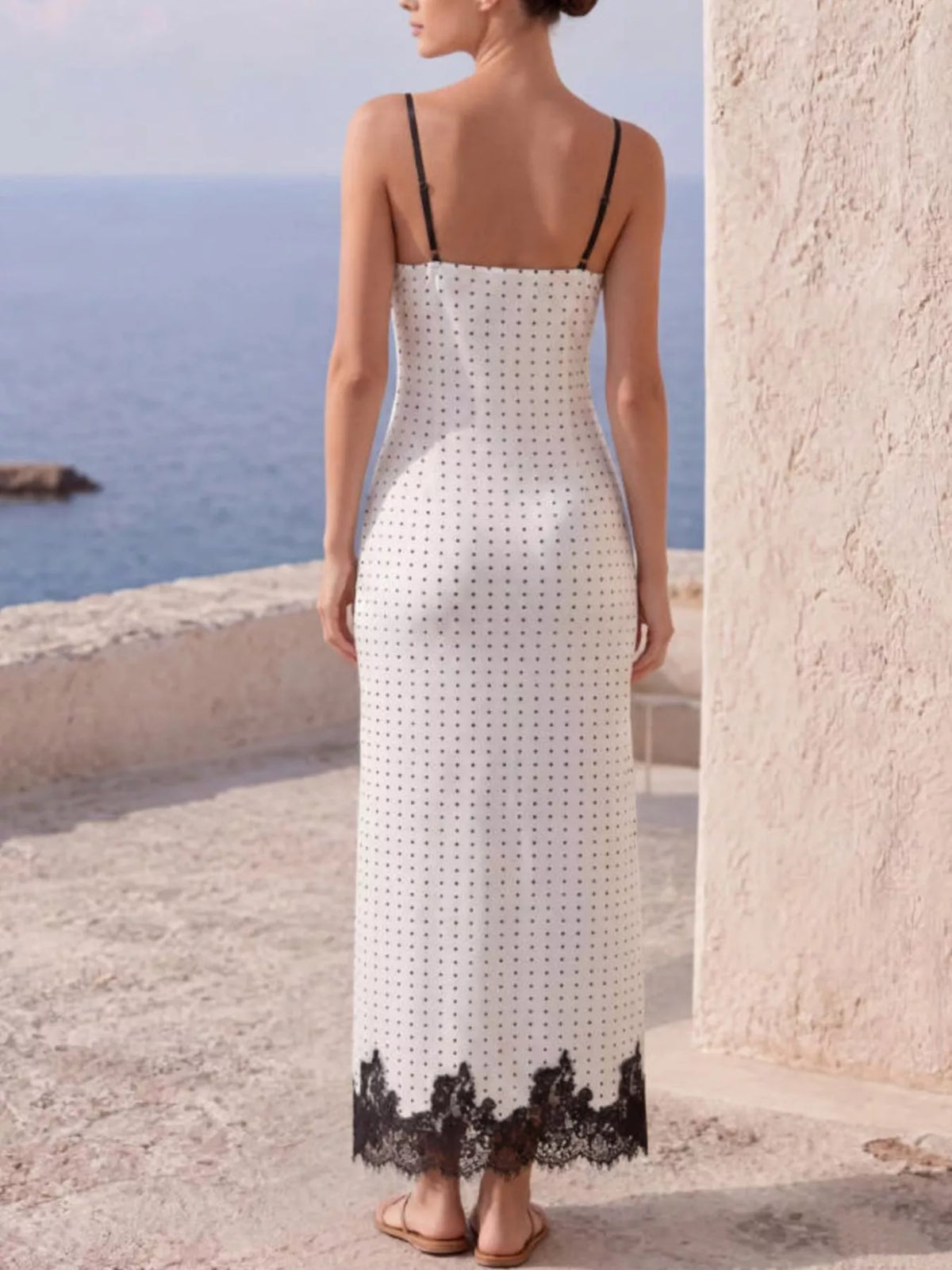 Polka Dot Lace Trim Spaghetti Strap Maxi Dress - alternate view 2