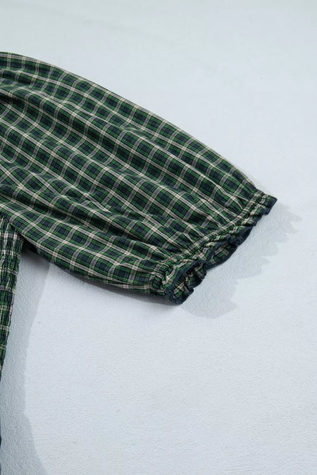 Plaid Square Neck Shirred High Waist Ruffle Hem Maxi Dress - alternate view 9