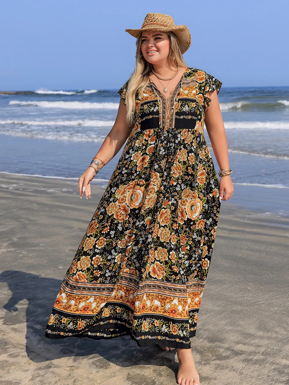 Printed V-Neck Ruffle Cap Sleeve Maxi Dress