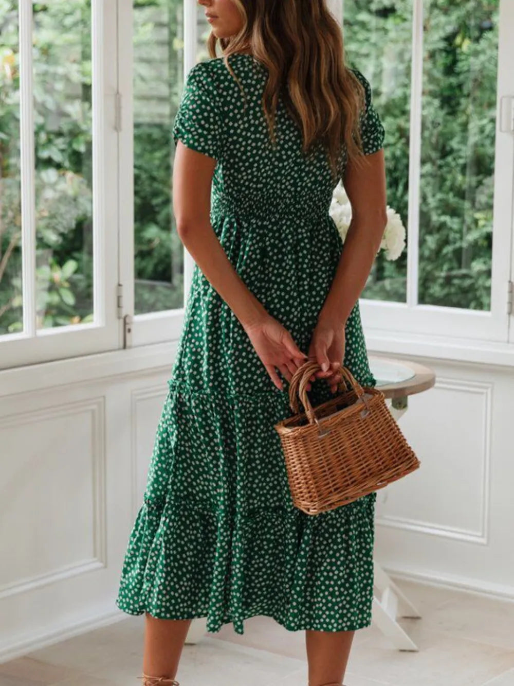 Printed Square Neck Short Sleeve Midi Dress - alternate view 4