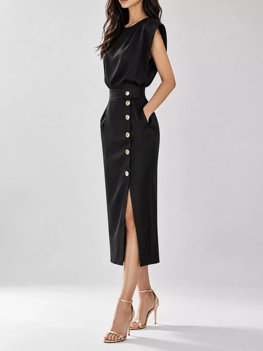 Sleeveless Midi Dress with Gold Button Detail and Side Slit - alternate view 2