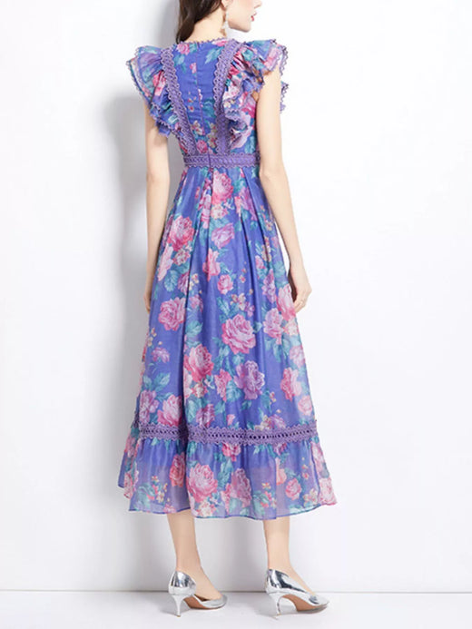 Floral Print Ruffle Sleeve Midi Dress - alternate view 3