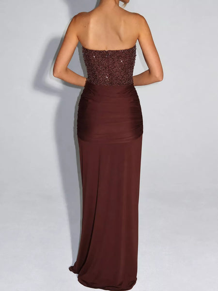 Elegant Strapless Sequin Corset Maxi Dress with Draped Waist Detail - alternate view 38