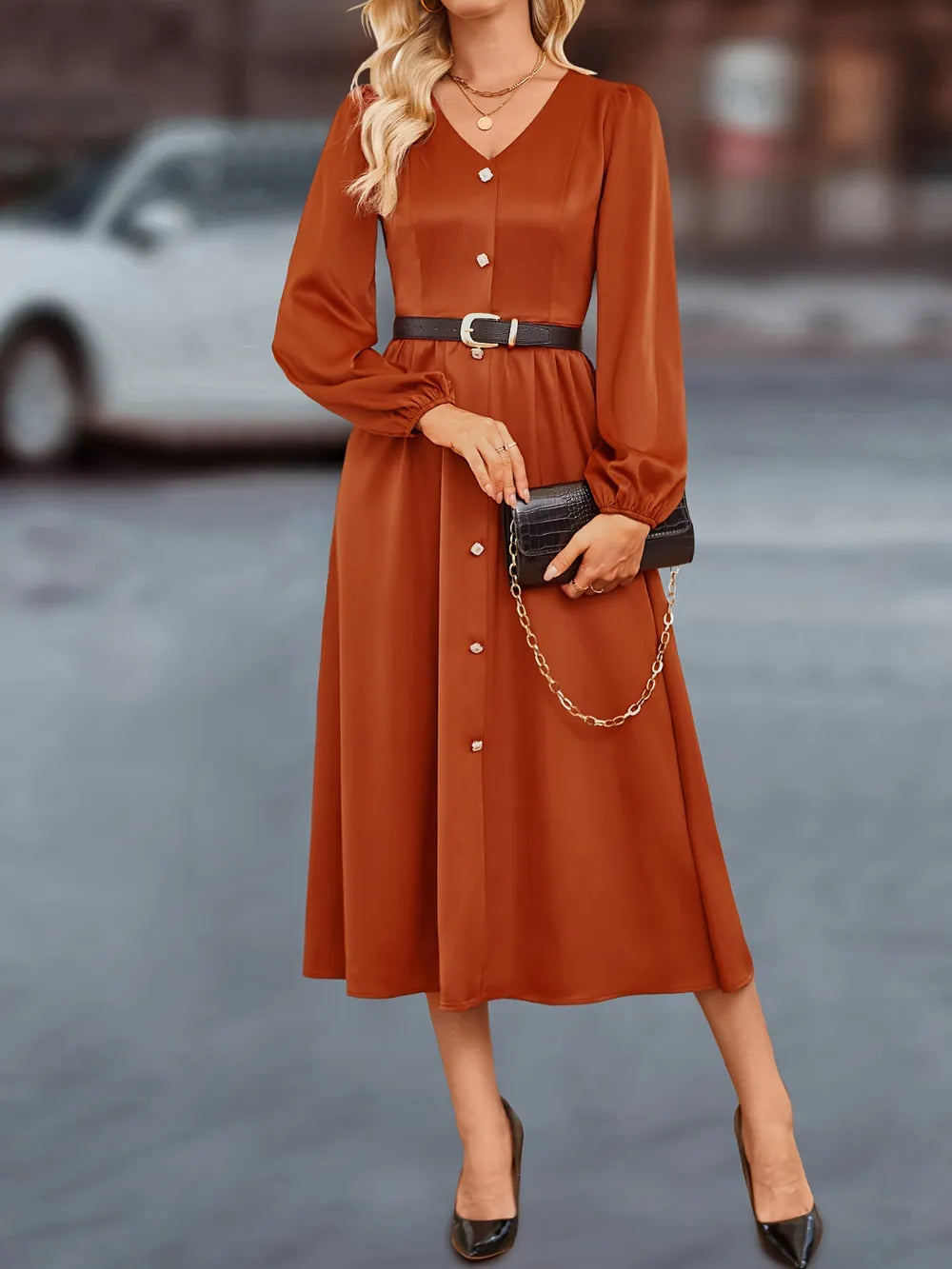 V-Neck Balloon Sleeve Midi Dress - alternate view 6