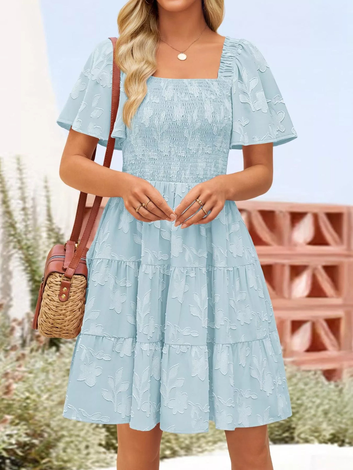 Smocked Square Neck Tiered Mini Dress - alternate view 2
