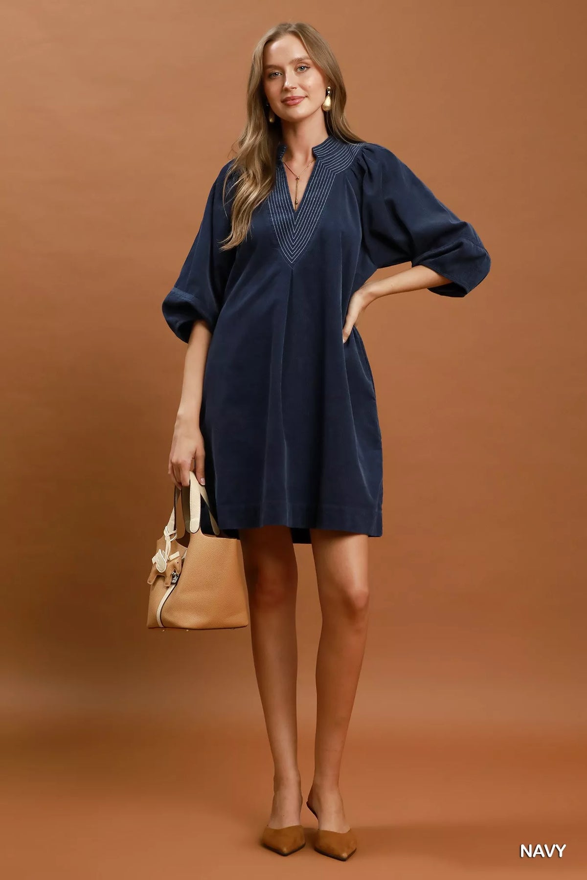Corduroy V-Neck Puff Sleeve Shift Dress with Pockets - alternate view 4