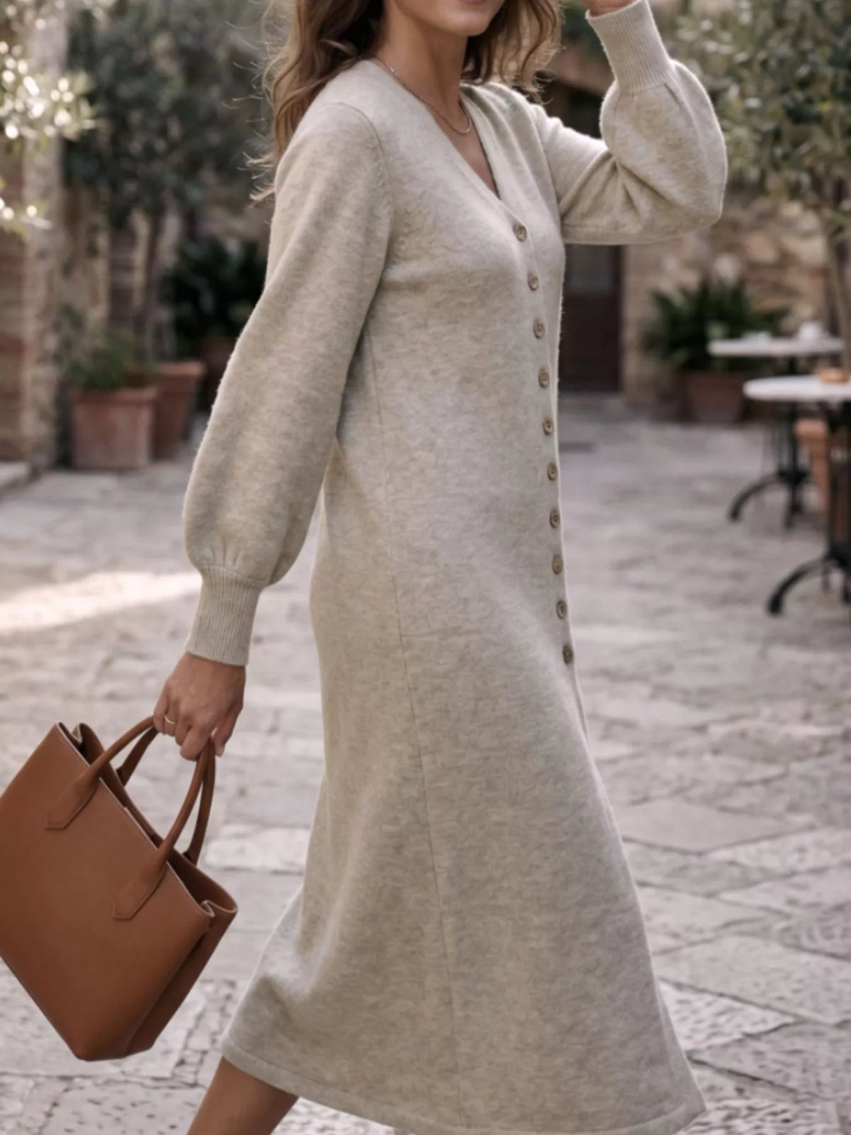 Button Front Long Sleeve Sweater Dress - alternate view 4
