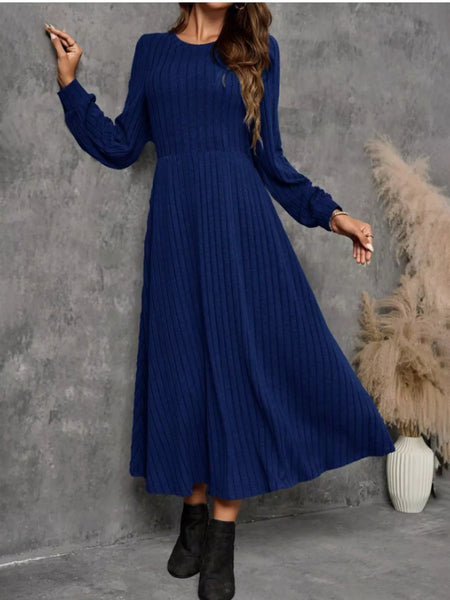 Ribbed Knit Long Sleeve A-Line Midi Dress - alternate view 19