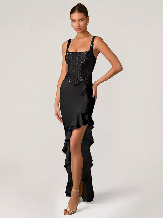 Sequin Ruffle Hem Sleeveless Maxi Dress