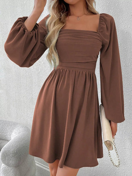 Ruched Square Neck Long Sleeve A-Line Dress - alternate view 16