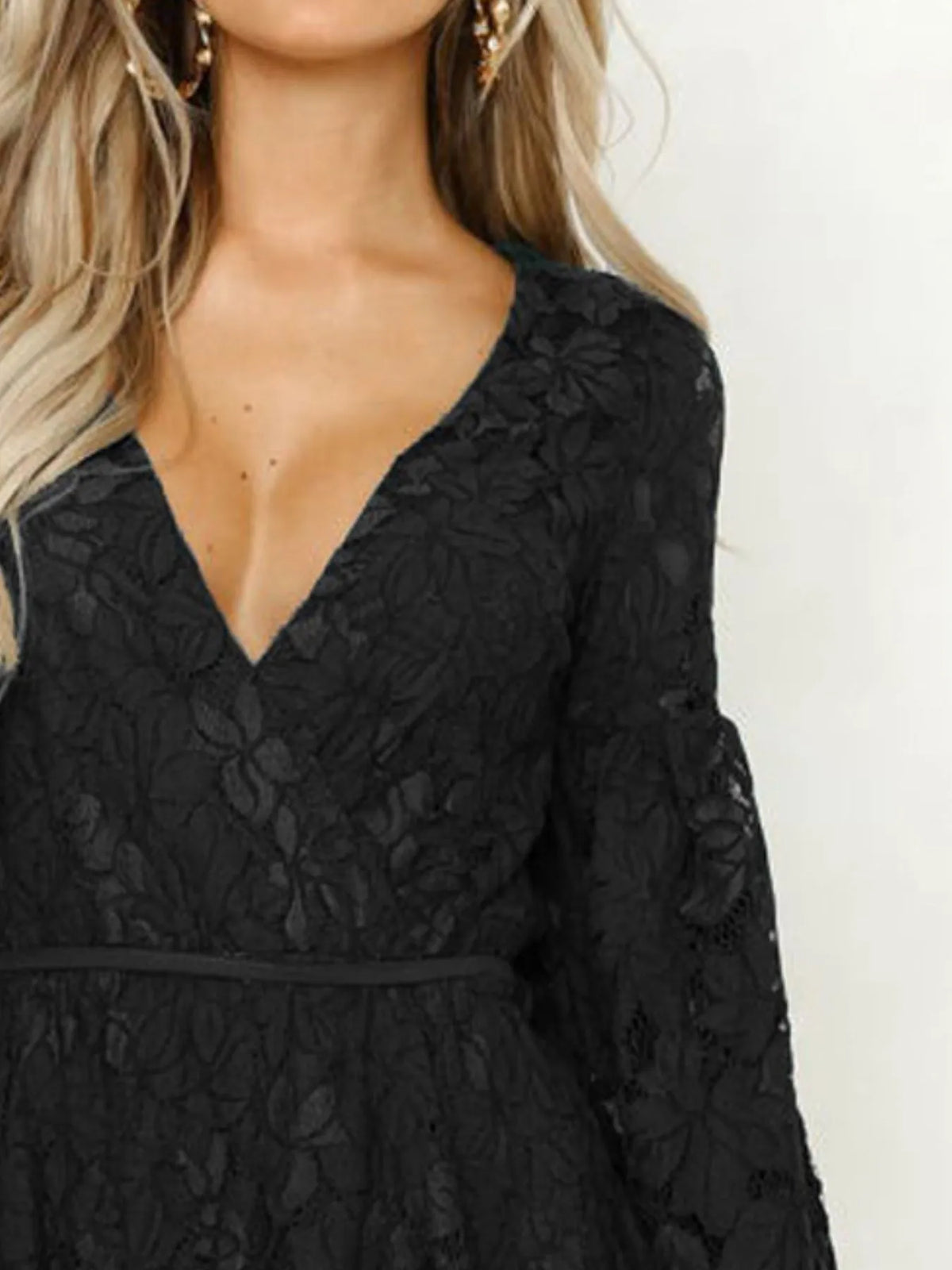 Lace V-Neck Long Sleeve Mini Dress - alternate view 9