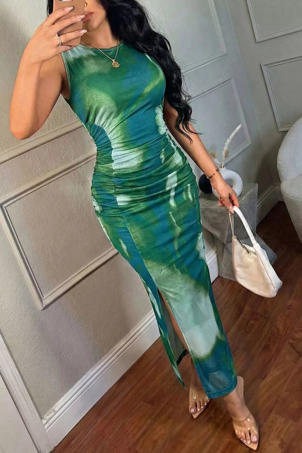 Sleeveless Ruched Tie-Dye Maxi Dress - alternate view 3