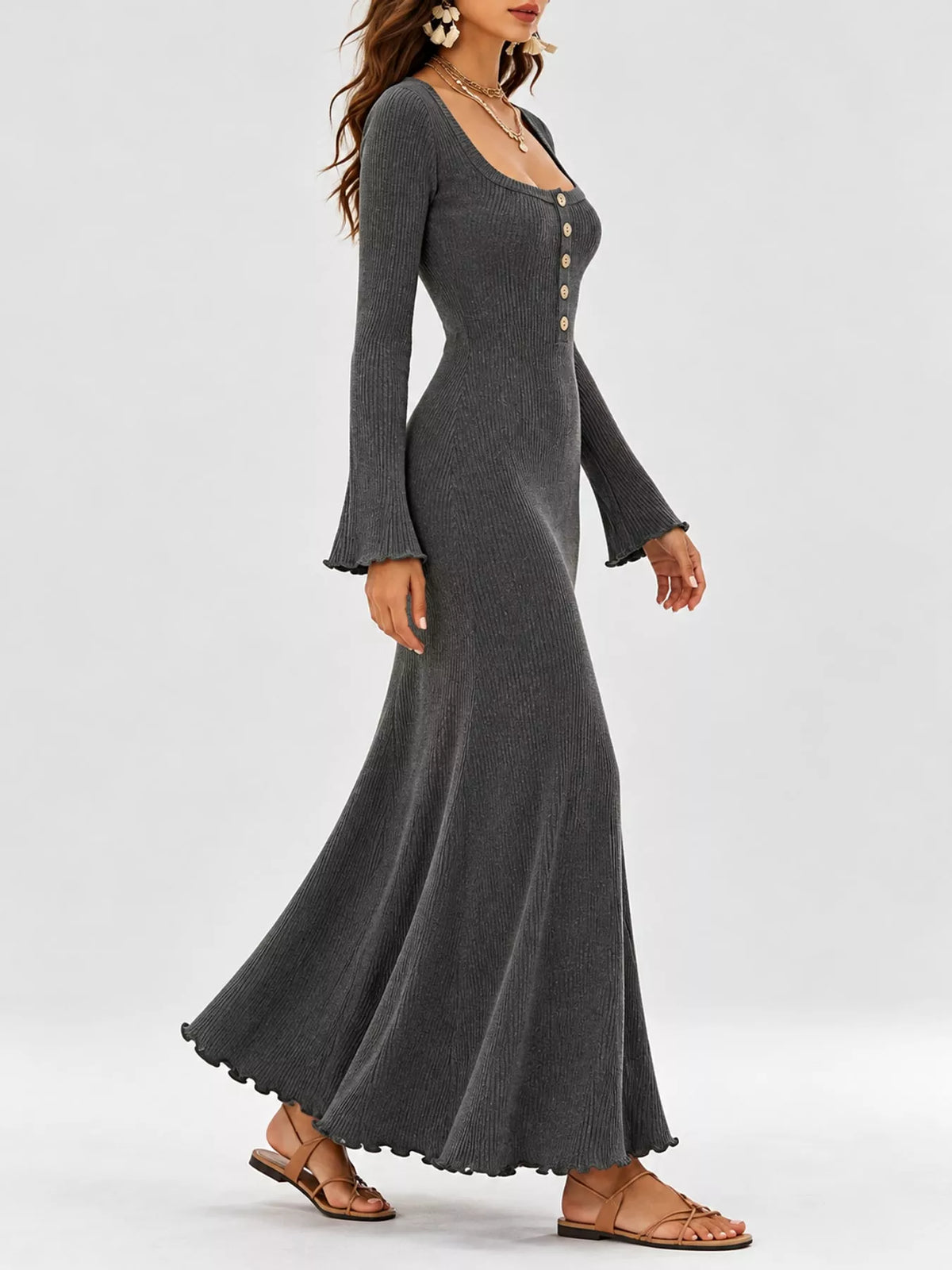 Button-Front Ribbed Knit Maxi Dress - alternate view 19