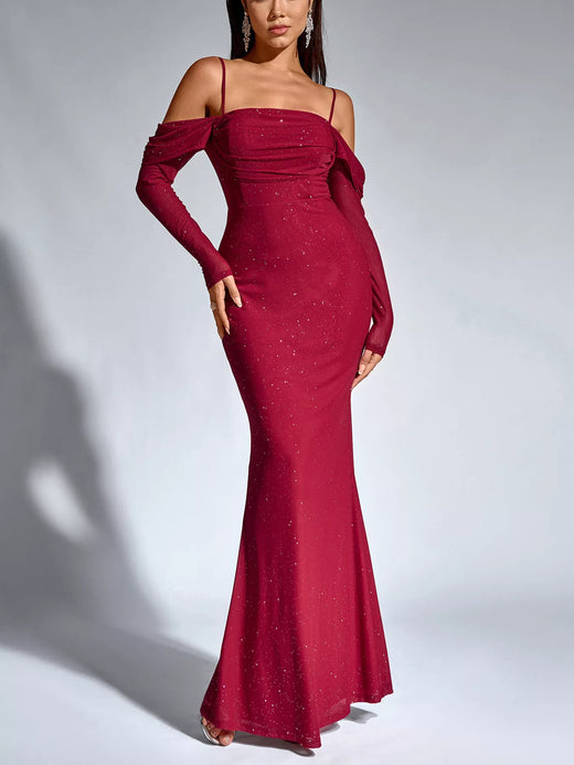 Glitter Ruched Long Sleeve Mermaid Maxi Dress - alternate view 2