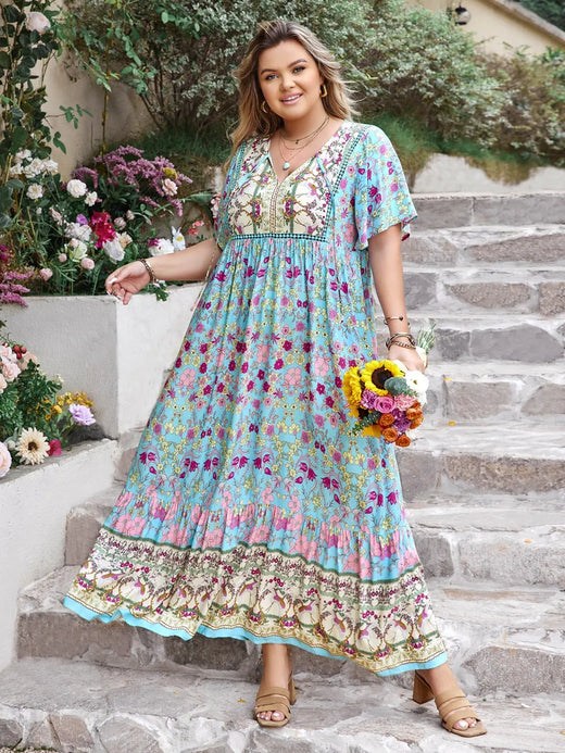 Printed Tie Neck Flutter Sleeve Maxi Dress