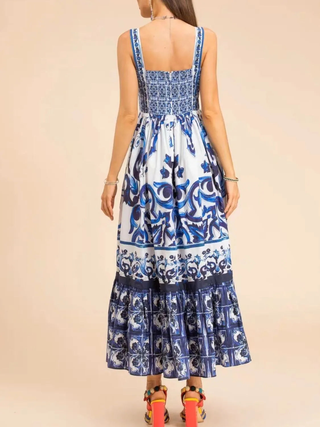 Smocked Printed Wide Strap Dress - alternate view 5