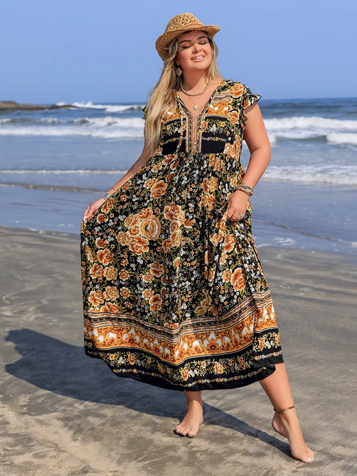 Printed V-Neck Ruffle Cap Sleeve Maxi Dress - alternate view 3