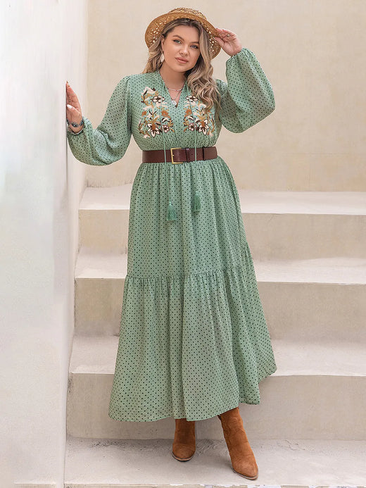 Tassel Printed Tie Neck Long Sleeve Midi Dress - alternate view 4