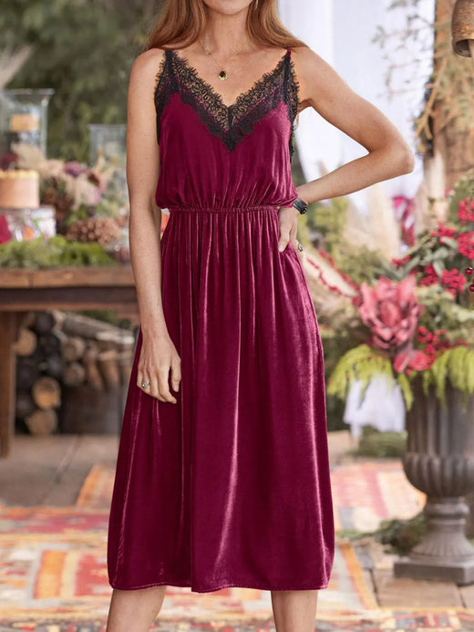 Velvet Cami Lounge Dress with Lace Trim - alternate view 2