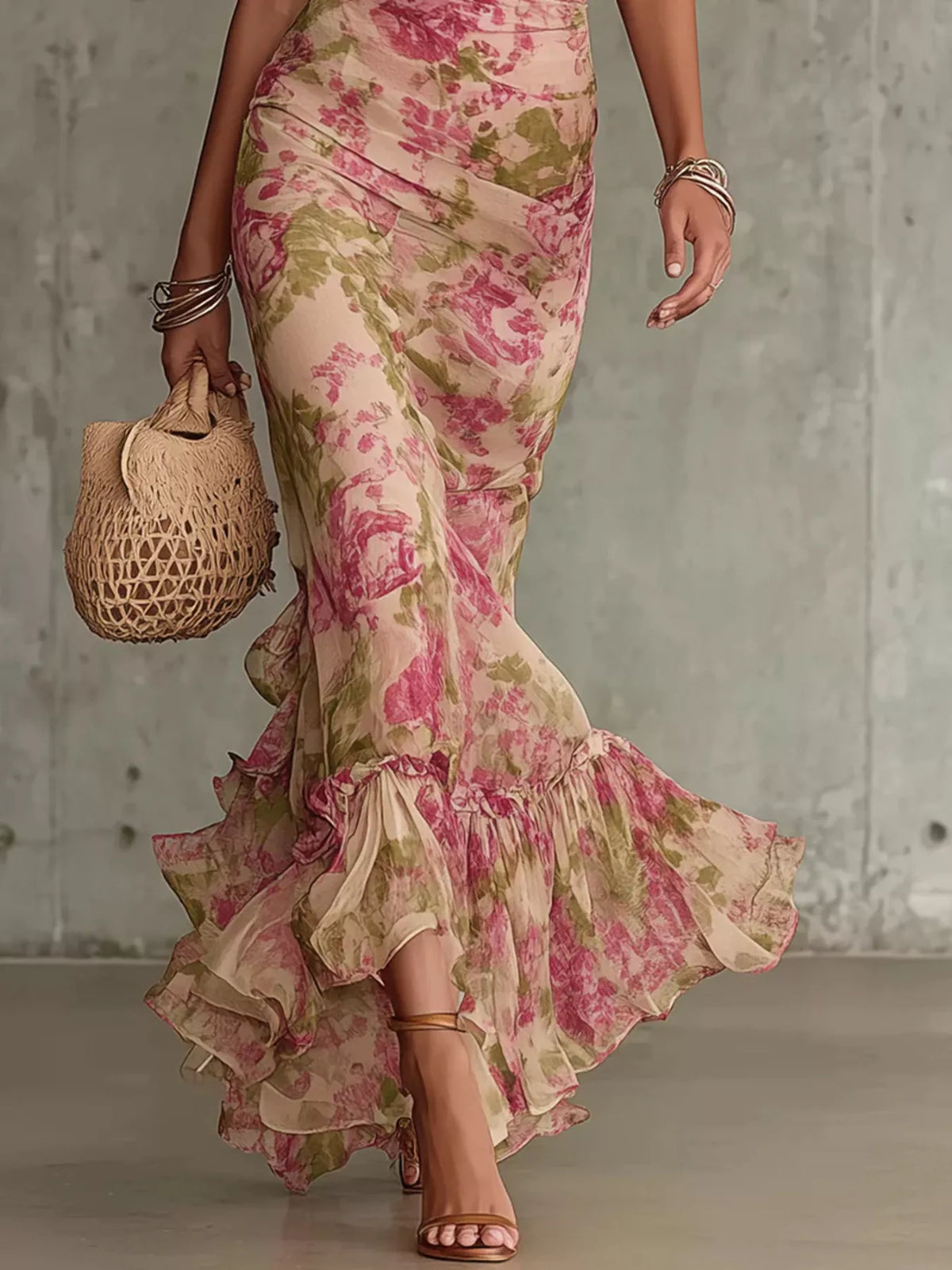 Floral Print High-Neck Puff Sleeve Ruffle Hem Maxi Dress - alternate view 3
