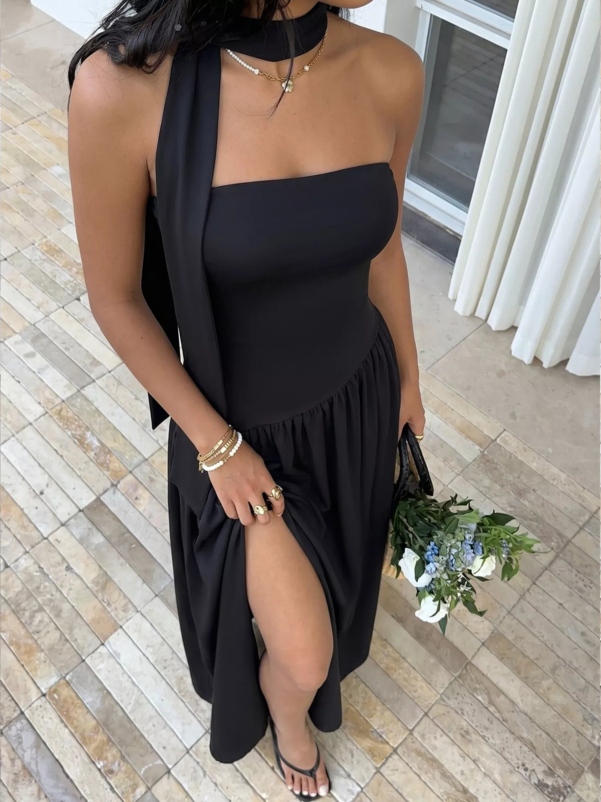 Slit Tube Maxi Dress with Scarf - alternate view 4