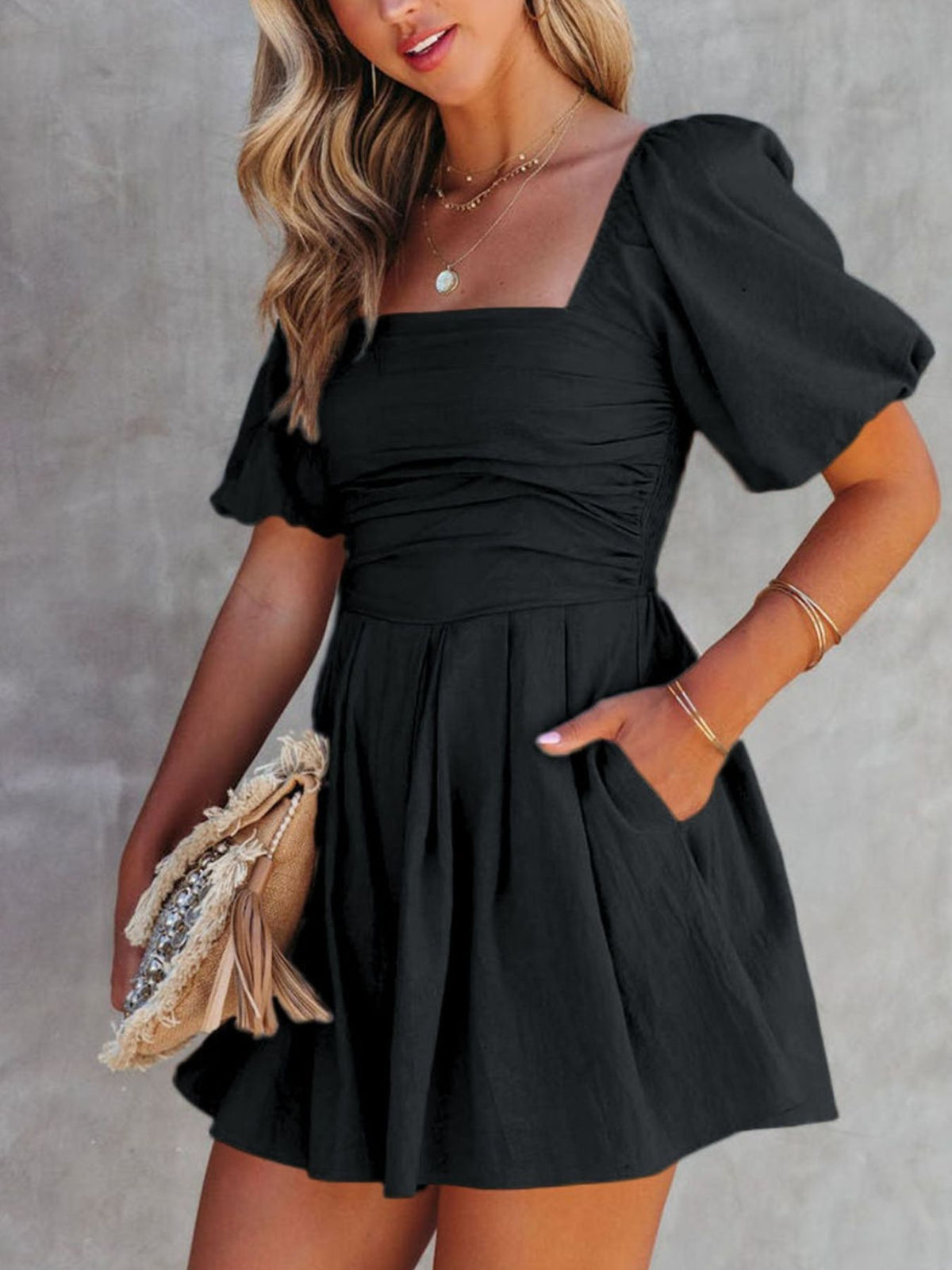 Square Neck Ruched Puff Sleeve Romper - alternate view 6