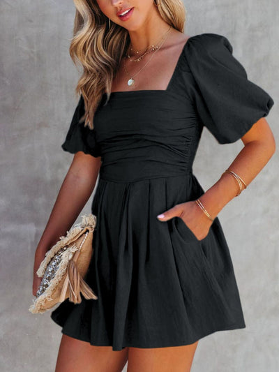 Square Neck Ruched Puff Sleeve Romper - alternate view 6