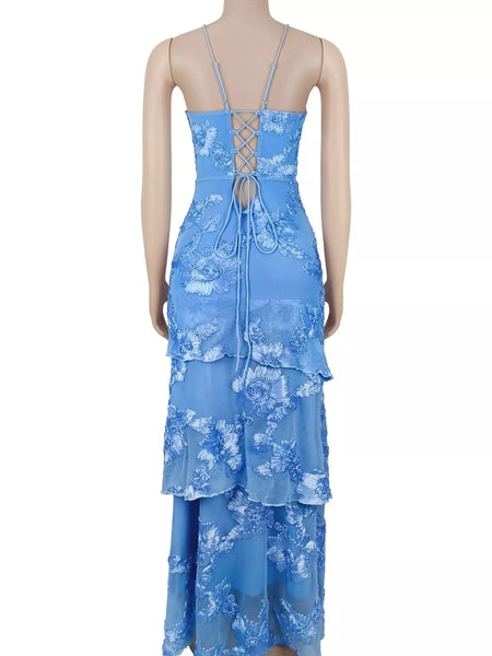 Floral Applique Tiered Maxi Dress with Lace Up Detail - alternate view 6