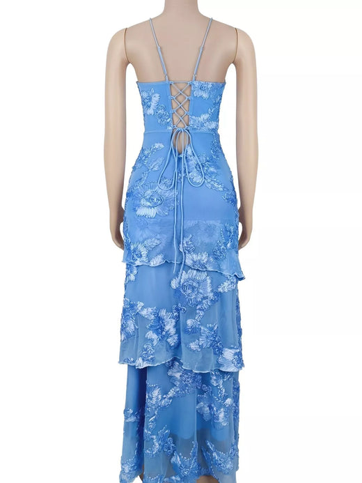 Floral Applique Tiered Maxi Dress with Lace Up Detail - alternate view 6