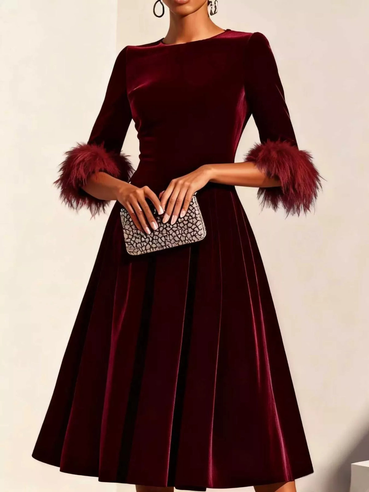 Velvet Midi Dress with Feather Cuffs - alternate view 3