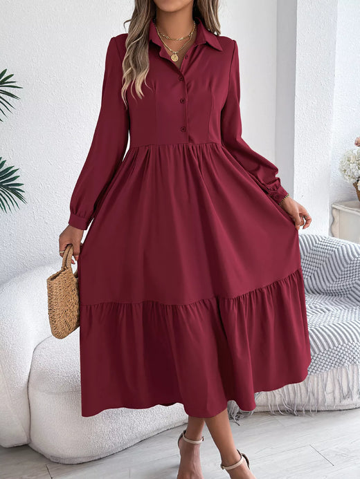Long Sleeve Tiered Button Front Midi Dress - alternate view 27